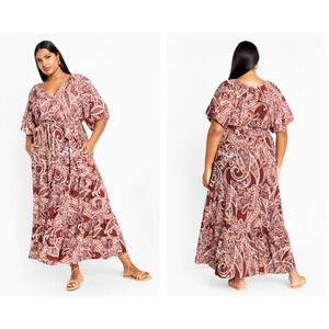 NWT City Chic Plus Size 18 Paisley Charm Maxi Dress Marsala Red Puff Sleeve Boho